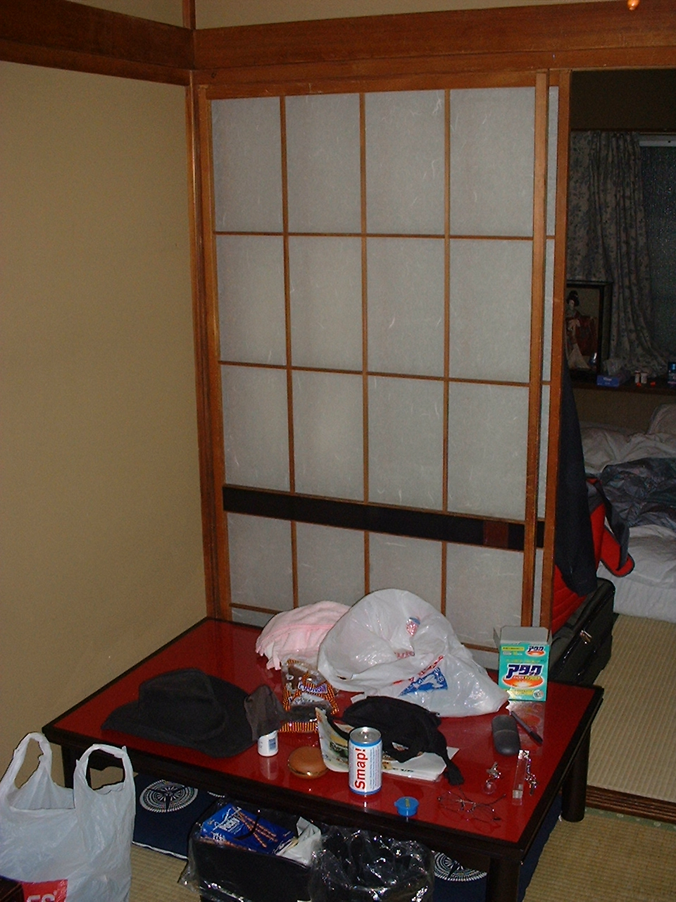 a low table with various items on it