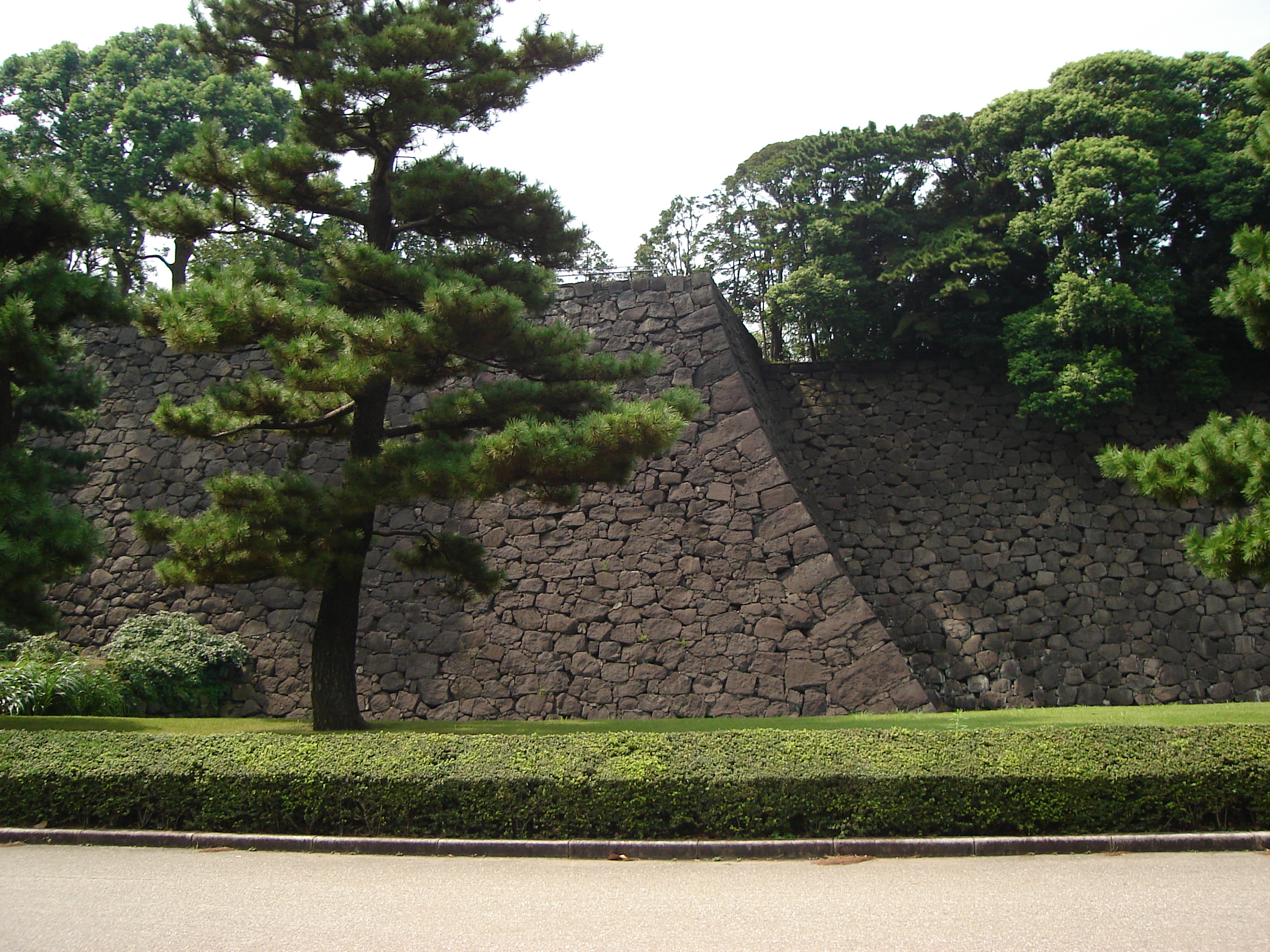 manicured trees and a rounded hedge frame a curved stone wall