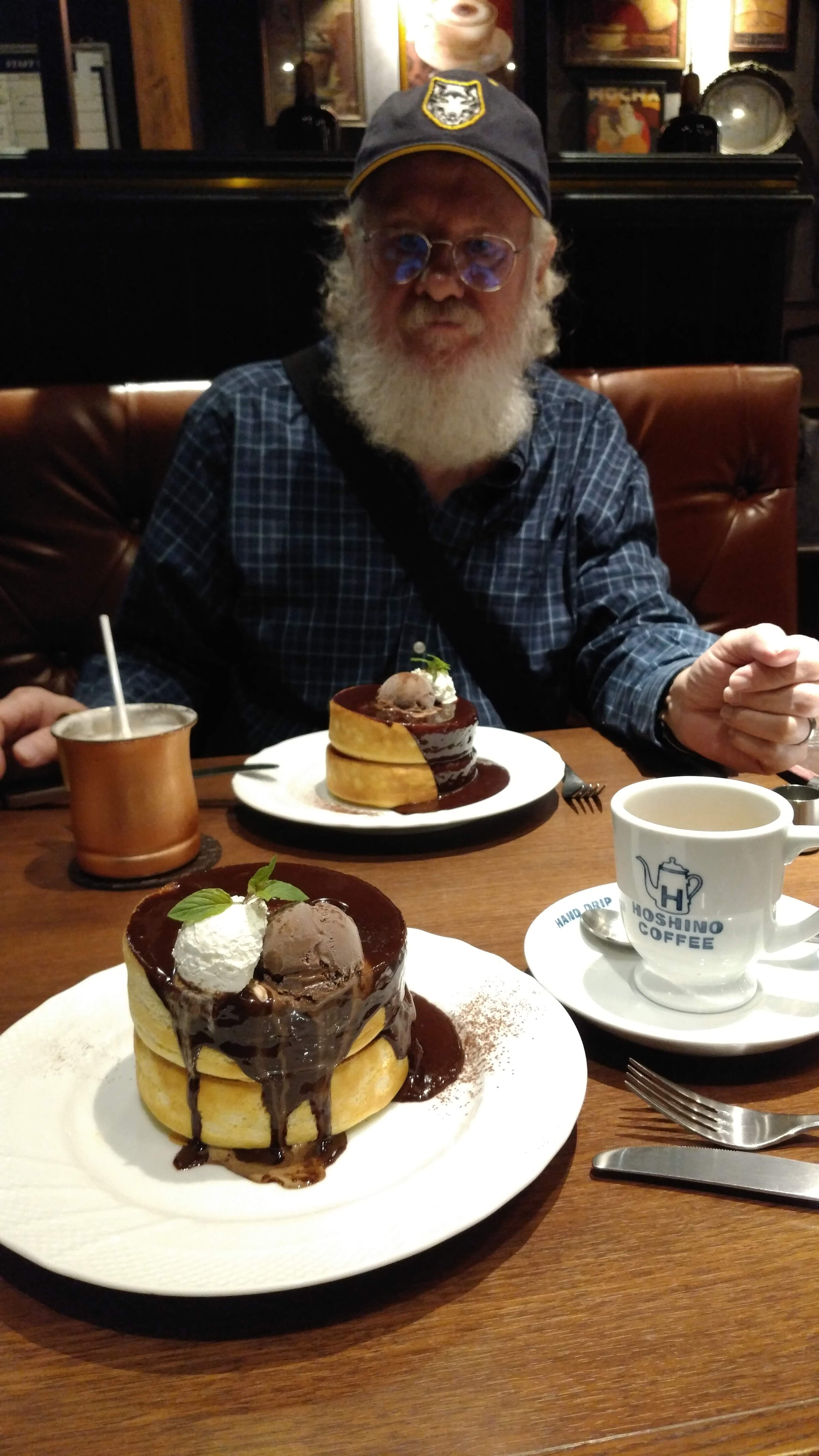 Chris with souffle pancakes and coffee